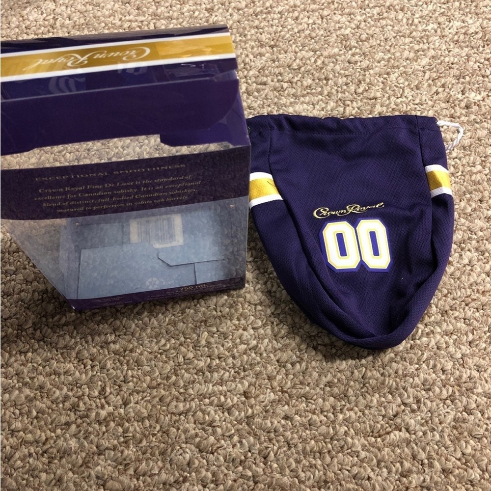 Gameday Edition purple & gold Crown Royal Whiskey Dustbag & box set